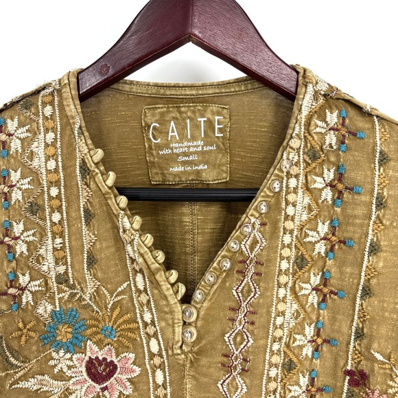 CAITE Embroidered Top Womens Small Bohemian Cotton Half Sleeve Brown Anthro - Picture 4 of 10